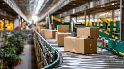 Cardboard shipping boxes move along a long industrial conveyor belt system