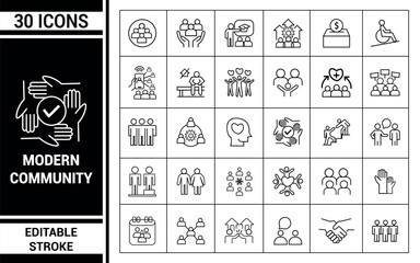 Modern community icons, social connections, people, and support.