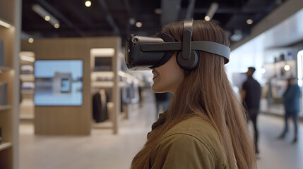 A customer receiving a virtual reality (VR) experience in a cutting-edge retail store, where they explore products in an immersive, digital environment that feels personalized to them.