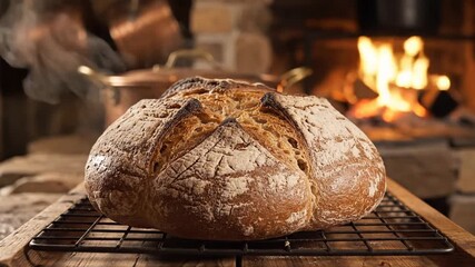 Rustic bread on cooling rack, cozy kitchen ambiance with warm fire, evokes traditional baking during holiday gatherings