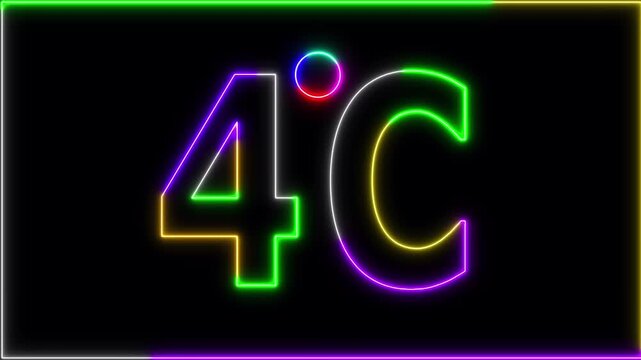 Neon 4&deg;C temperature display showing on black background. Weather temperature displays by degree, climate change, Scientific designs.