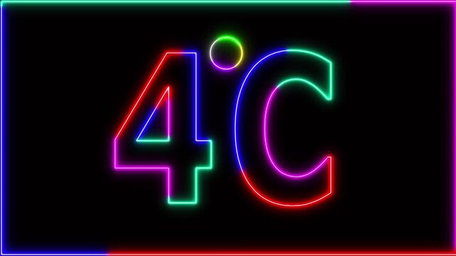 Neon 4&deg;C temperature display showing on black background. Weather temperature displays by degree, climate change, Scientific designs.
