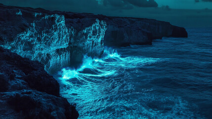 A dark, fluorescent ocean with glowing waves crashing dramatically against jagged cliffs, illuminated by a bioluminescent algae bloom that lights up the entire coast.