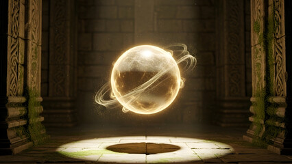 Mysterious glowing orb levitating in ancient chamber with ethereal light