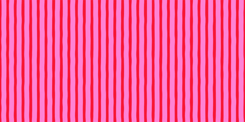 Abstract modern horizontal seamless monochrome geometric pattern of vertical thin hot pink curved stripes on red background, simple hand-drawn vector illustration, drawing, flat style
