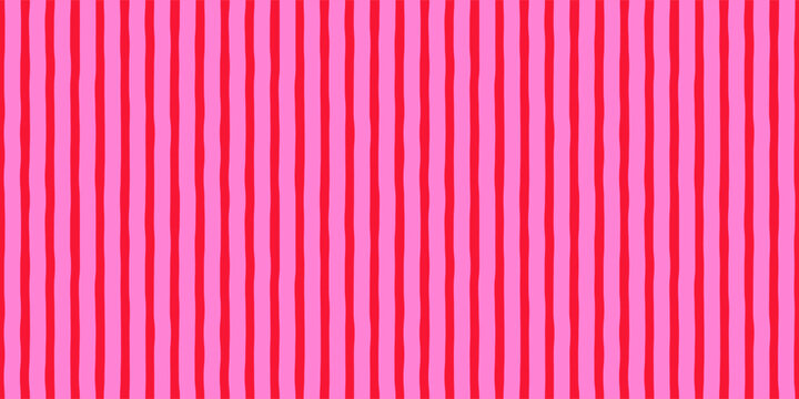 Abstract modern horizontal seamless monochrome geometric pattern of vertical thin hot pink curved stripes on red background, simple hand-drawn vector illustration, drawing, flat style