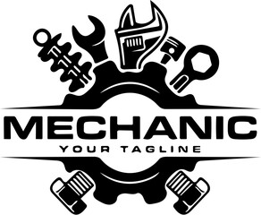 Mechanic Logo Design Gear, Tools, and Bolt Icons for Automotive Repair and Service