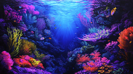 A deep dive into the fluorescent ocean depths, with vibrant, glowing fish, corals, and sea plants all illuminated in bright neon colors, creating a magical underwater landscape.