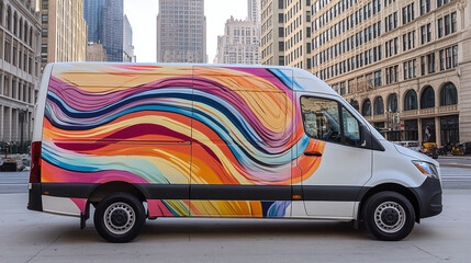 A delivery van with a creative vehicle wrap showcasing an abstract design of colorful waves and dynamic lines, parked in front of a bustling urban backdrop.