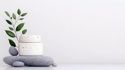A minimalist arrangement featuring speckled white cosmetic jars stacked on smooth grey stones, adorned with a green branch and leaves, set against a clean white