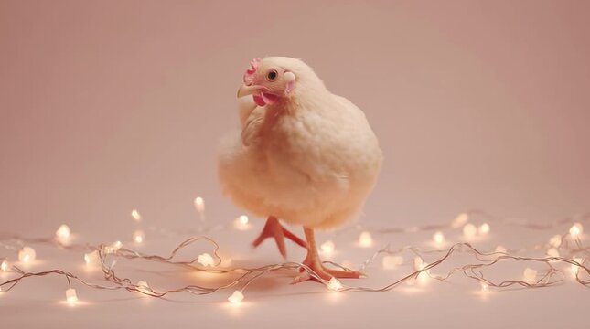 Baby chick surrounded by christmas string lights on soft pink background with warm bokeh and copy space
