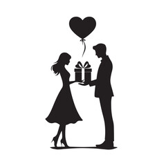 Couple exchanging a gift silhouette