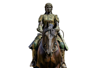 A woman in camouflage riding a horse statue isolated on a transparent or white background.