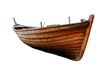 A wooden boat isolated on a transparent or white background.