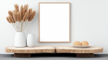 A minimalist arrangement featuring dried pampas grass in white vases, a plate with two round objects, and a blank picture frame on a wooden shelf.