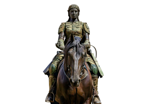 A woman in camouflage riding a horse statue isolated on a transparent or white background. - Powered by Adobe