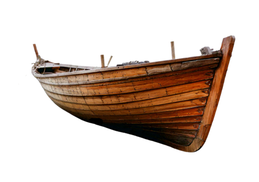A wooden boat isolated on a transparent or white background.