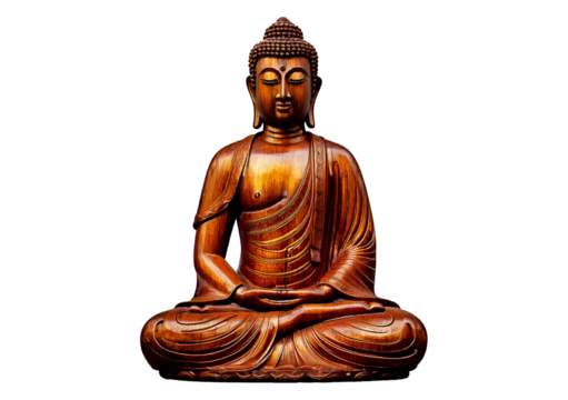 A wooden statue of a Buddha sitting in a cross legged position. isolated on a transparent or white background.