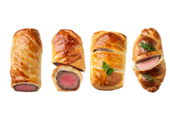 Collection Beef wellington top view full length. isolated on transparent or white background