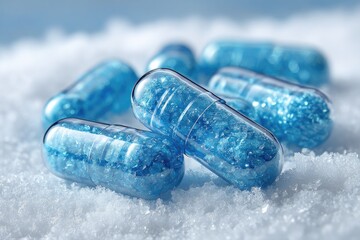 Transparent blue capsules filled with crystal like granules rest on a snowy surface, creating a cool, winter-inspired pharmaceutical background