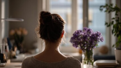 Back of a person with a bun, seated in a sunlit room, purple flowers in a vase on the table. Concept Back view, bun hairstyle, sunlit room, purple flowers in a vase on the table, cozy interior