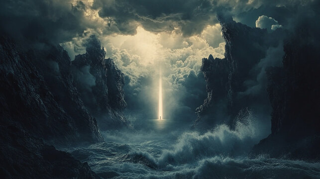 A dramatic view of a lighthouse entrance at dusk, with the beam of light cutting through a stormy sky, waves crashing against jagged rocks below.