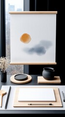 A simple ink painting with a sun and clouds hangs above a desk with art supplies and a tea set.