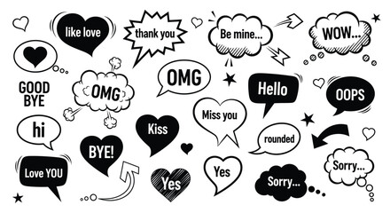 Collection of diverse speech bubbles and hearts expressing emotions and messages