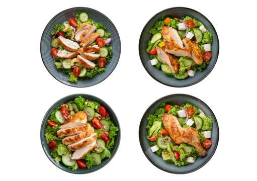 Collection Chicken salad top view full length isolated on transparent or white background