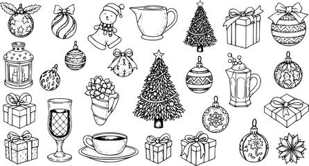 Hand-Drawn Christmas Holiday  Winter Season Doodle Elements Collection. Festive Ornaments, Trees, Gifts, Lantern, Drinks, and Decorations Black  White Sketch Set.