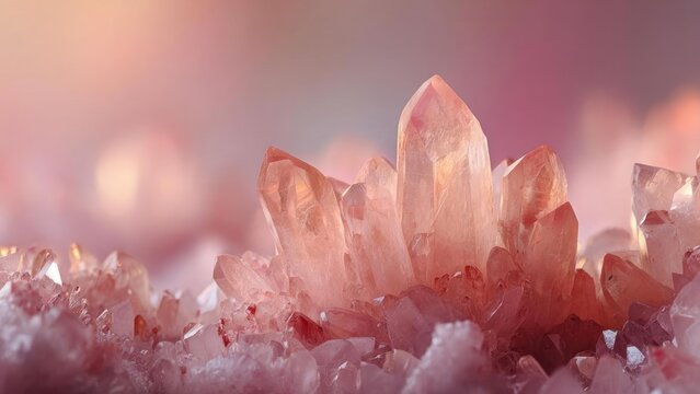 Pink quartz crystal cluster bathed in soft warm light, with tall clear points rising from a frosty pink base. Concept Pink Quartz Crystal, Crystal Cluster, Warm Soft Light, Frosted Pink Base - Powered by Adobe