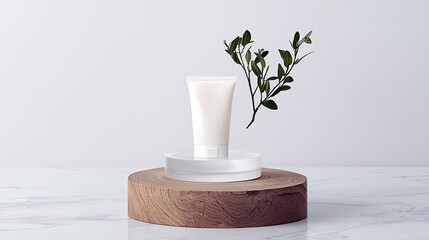 A white cosmetic tube is displayed on a wooden pedestal, accented by a delicate green branch against a plain background.