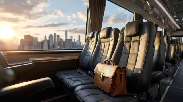 Luxury bus seats view overlooking a city skyline during sunset or sunrise travel - Powered by Adobe