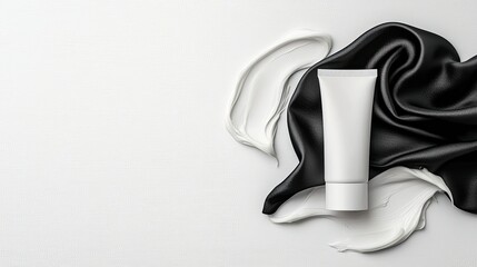 A white cosmetic tube is placed on a white surface, surrounded by swirls of black and white fabric and cream.