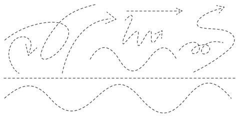Doodle dashed arrows and wavy swirl lines set, sketch dotted curve path elements, vector, isolated on transparent background