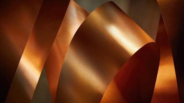 Abstract close-up of copper metal ribbons with a brushed texture, curving and glowing in warm light. Concept Copper ribbons, Brushed metal texture, Abstract close-up, Curved lines, Warm glow