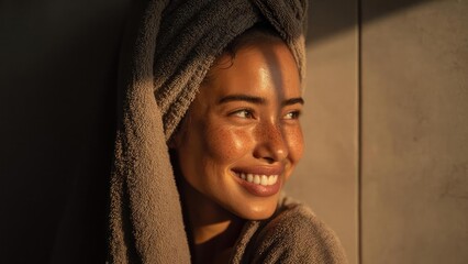 Smiling woman with a towel wrapped around her head, basking in warm sunlight with freckles on her cheeks. Concept Sunny Portrait, Headwrap in Sun, Freckled Skin Glow, Warm Sunlight, Relaxed Beauty