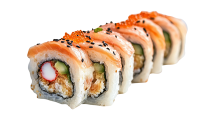 Salmon Sushi Rolls with Roe and Sesame Seeds isolated on a transparent background