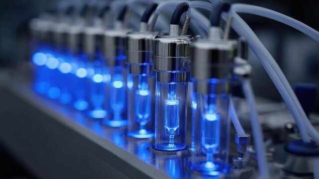 Row of blue-glowing glass vials in a laboratory analyzer, connected by tubing and metal fittings. Concept Blue-glowing glass vials, Laboratory analyzer, Tubing and metal fittings