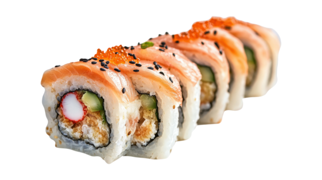 Salmon Sushi Rolls with Roe and Sesame Seeds isolated on a transparent background