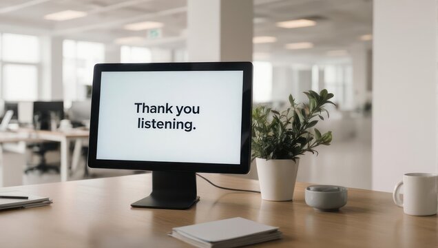 Office Desk with Monitor Displaying Thank You Message.