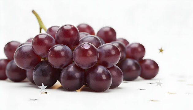 Close-up of a cluster of ripe, juicy red grapes, highlighting their texture and freshness on a clean white background with subtle star-shaped confetti - Powered by Adobe