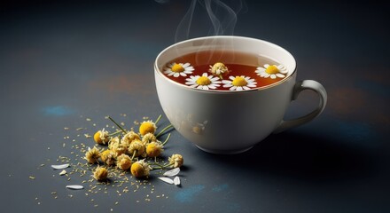 Steaming cup of chamomile tea with fresh daisy flowers and dried chamomile buds on a dark textured background