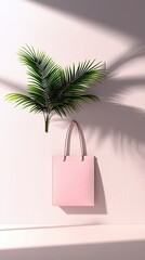 A simple composition featuring a pink tote bag suspended in front of a light pink wall, with green palm leaves and their shadows creating a serene atmosphere.