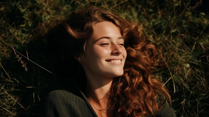 Young woman with curly hair smiling while lying on grass, enjoying a sunny day in a natural setting.