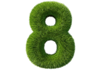 Grass font 3d rendering number 8 isolated on a transparent or white background