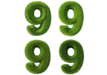 Set Grass font 3d rendering number 9 isolated on a transparent or white background