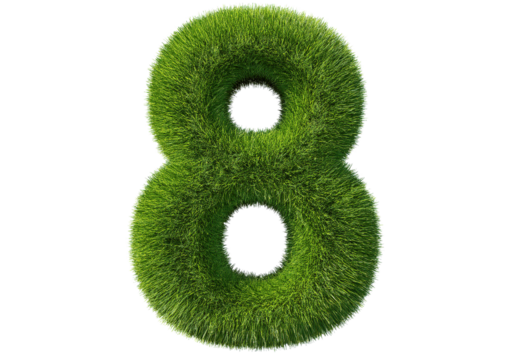 Grass font 3d rendering number 8 isolated on a transparent or white background