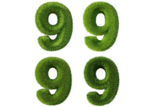 Set Grass font 3d rendering number 9 isolated on a transparent or white background - Powered by Adobe