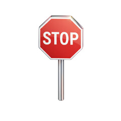 Front view of a shiny red stop traffic sign